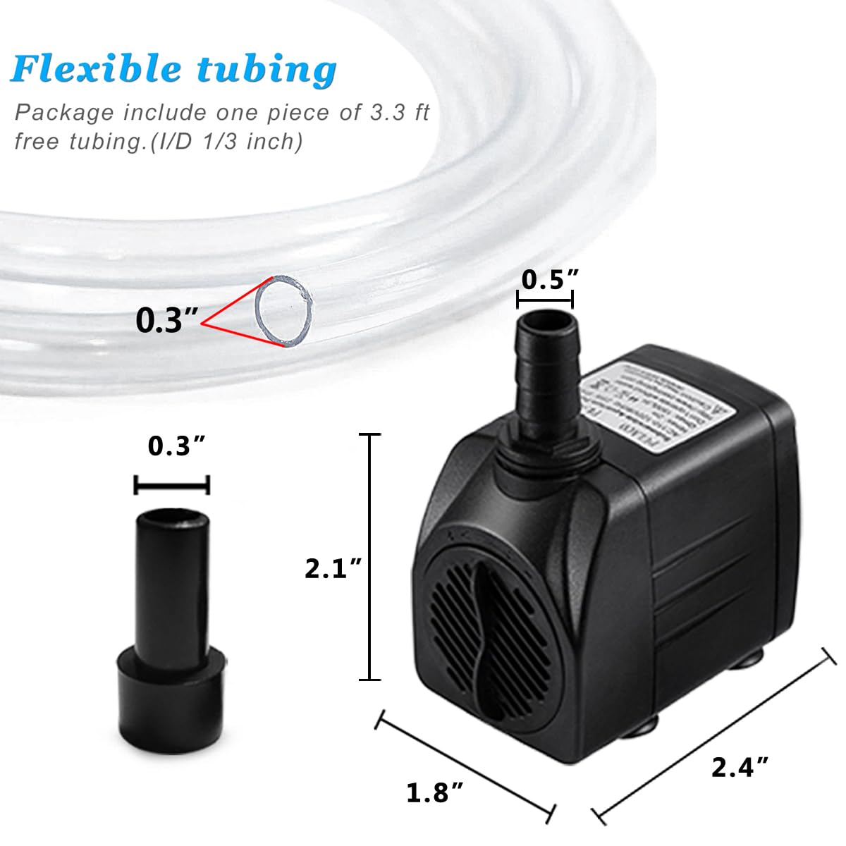 PULACO 160GPH Small Fountain Pump, Ultra Quiet Submersible Water Pump (600L/H, 10Watt) with 3.3 ft Tubing for Aquariums, Pond Fountain, Water Feature, Indoor Fountains