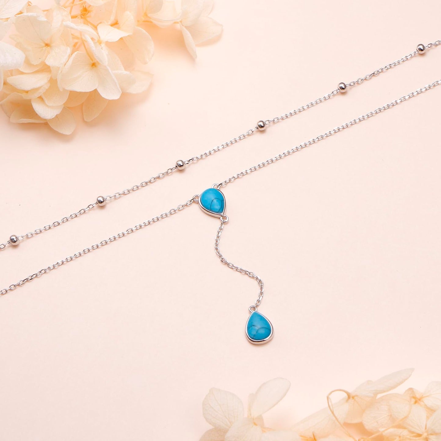 FLYOW S925 Sterling Silver Double Layered Necklace Teardrop Created Turquoise Choker Y Lariat Necklace Mothers Day Birthday Gifts for Women Wife Fiancée