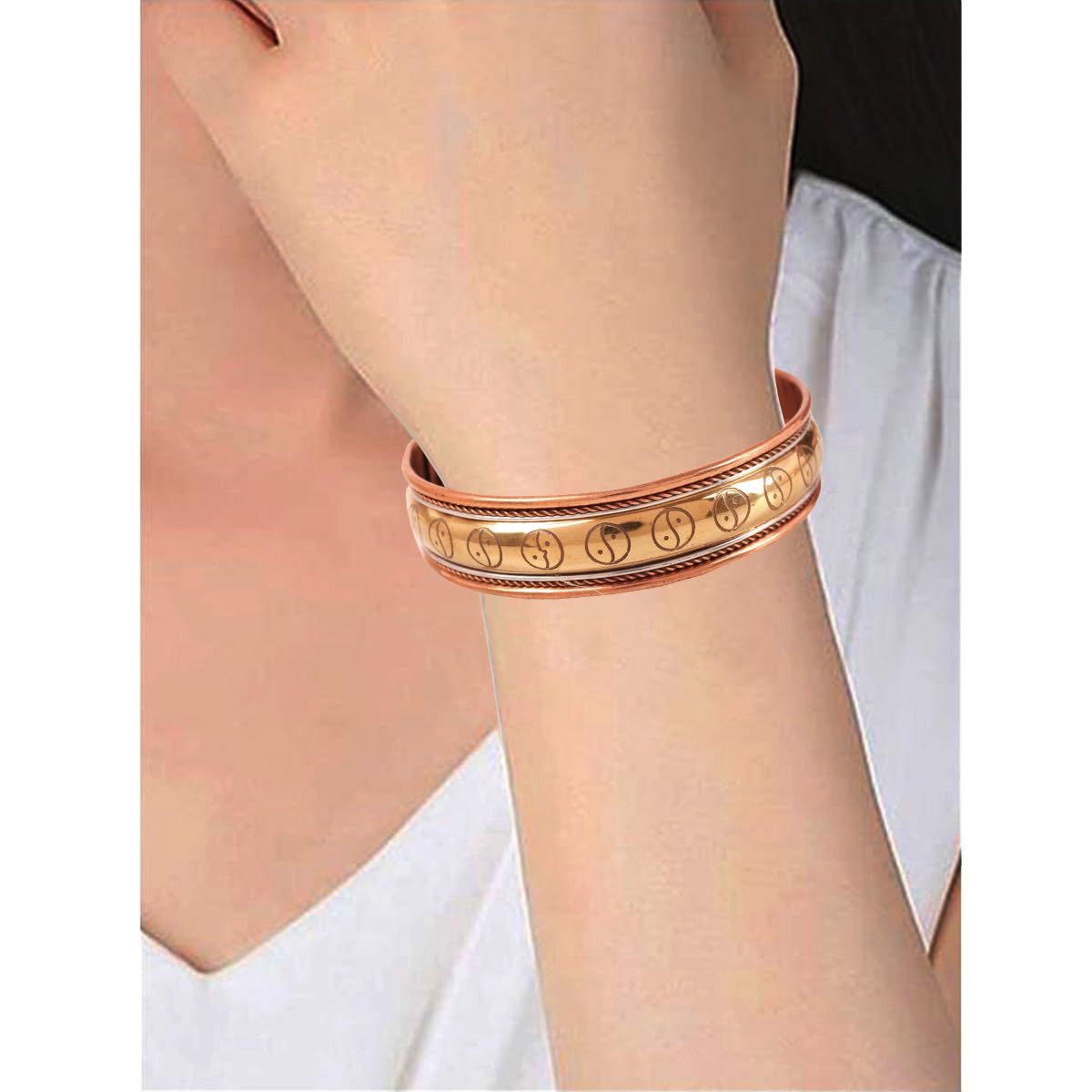 Touchstone handcrafted magnetic copper bracelet. Hand forged with solid and high gauge Tibetan style engraved cuff pure copper jewelry for women men. Yin Yang Pattern