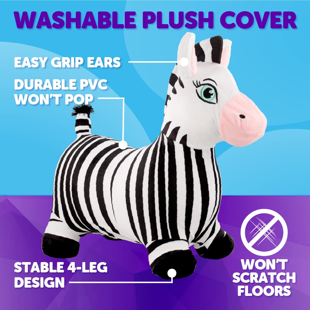 WADDLE Bouncy Hopper Inflatable Animal Hopping Plush, Indoor and Outdoor Toy for Toddlers and Kids, Pump Included, Boys and Girls Ages 2 Years and Up (Zebra)