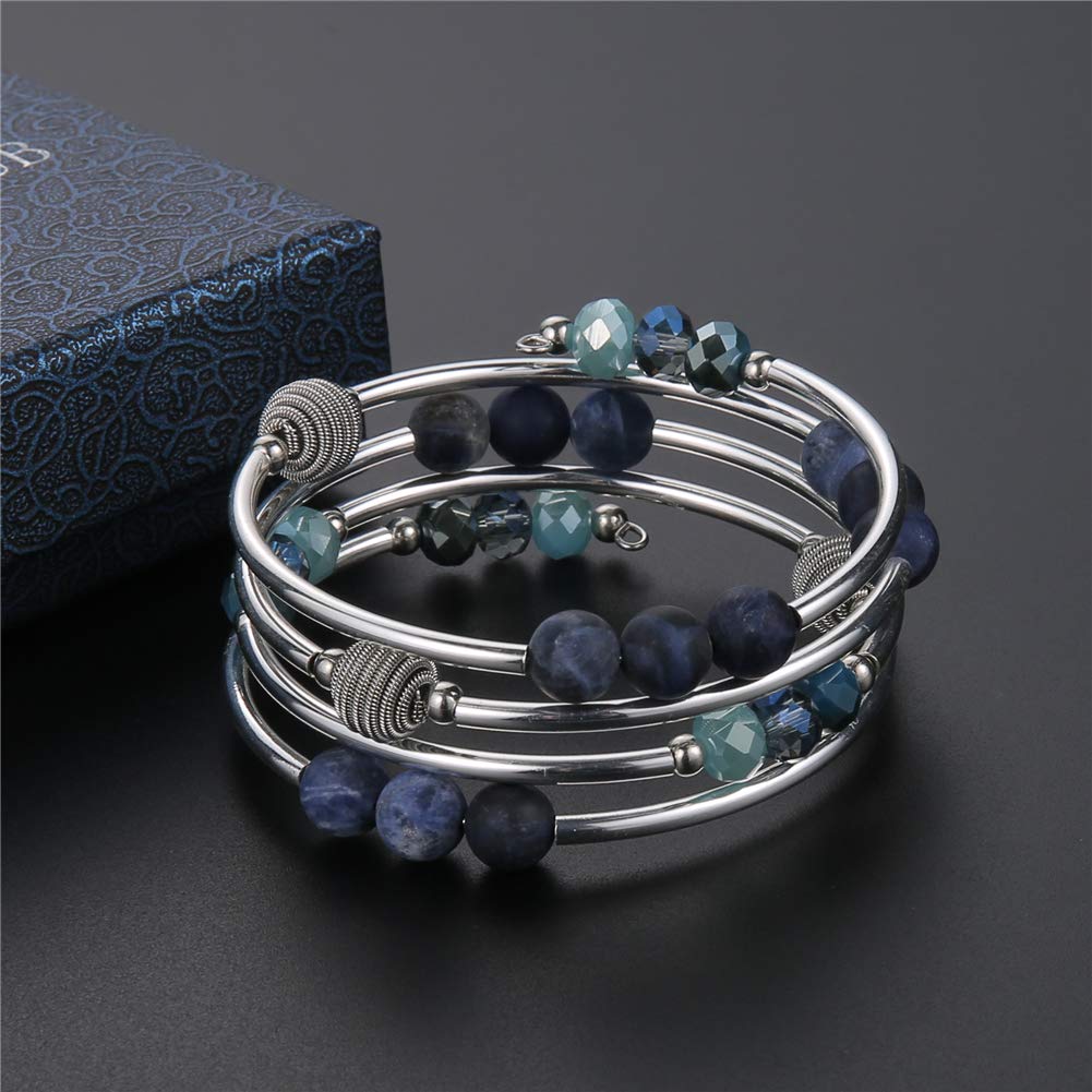 PEARL&CLUB Bead Crystal Wrap Bangle Bracelet - Fashion Jewelry Beaded Bracelet with Silver Metal, Gifts for Women(61-Blue)