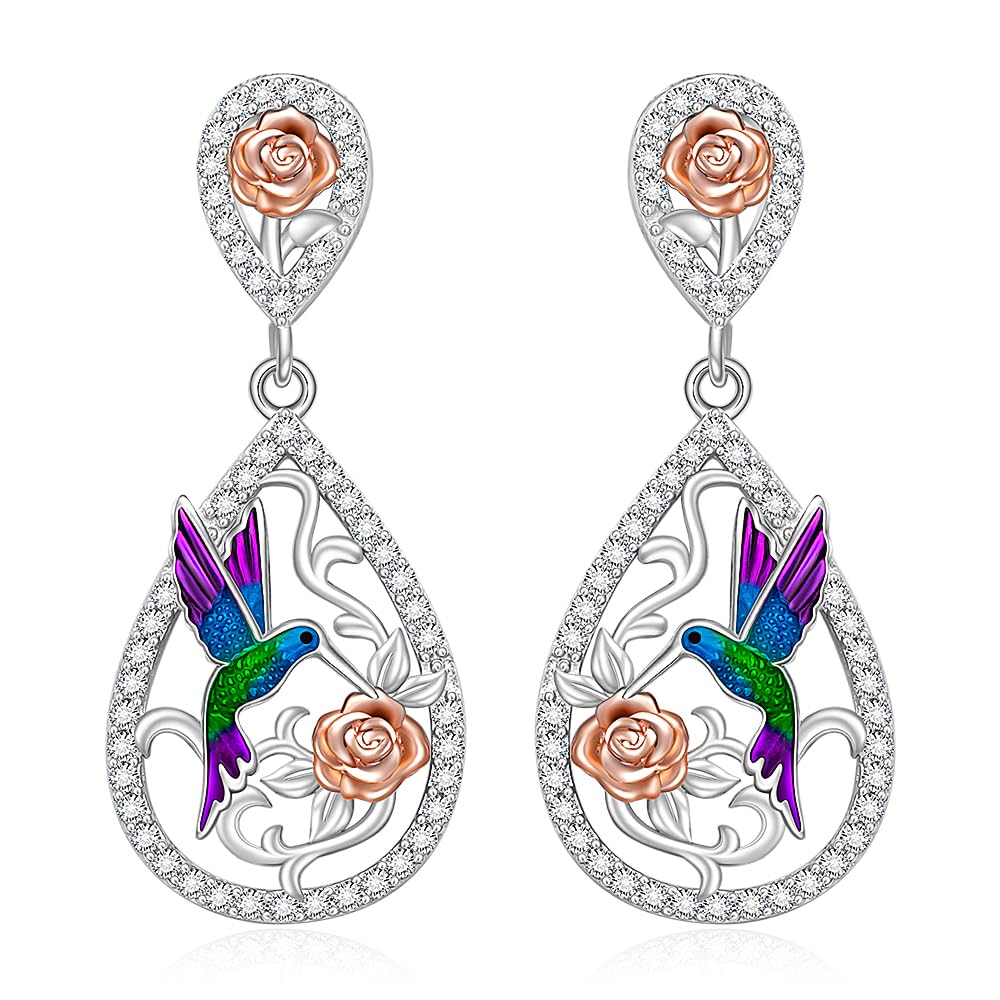 Hummingbird Earrings for Women 925 Sterling Silver Rose Dangle Drops for Women Cubic Zirconia Bird and Rose Design Dangle Drop Earrings Gifts for Lovers