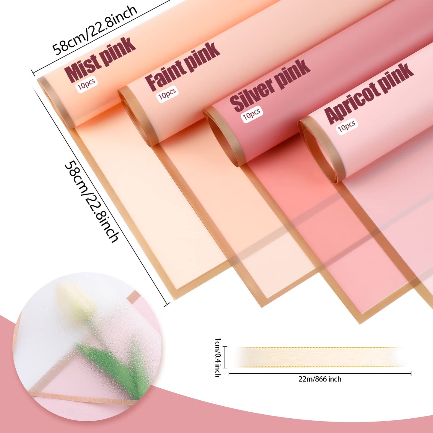 CCINEE 40 Sheets Flower Wrapping Paper, Translucent Gold Edge Waterproof Florist Packaging Paper Gift Box Packaging and 50 Yards Satin Ribbon for Wedding Engagement Bouquet Supplies (Pink Series)