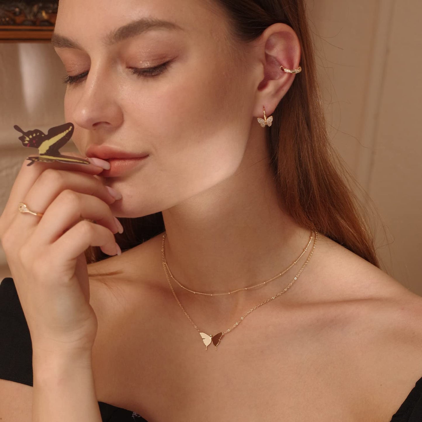 MEVECCO Gold Butterfly Necklaces Layered Choker Necklace for Women,18K Gold Plated Dainty Cute Handmade Jewelry
