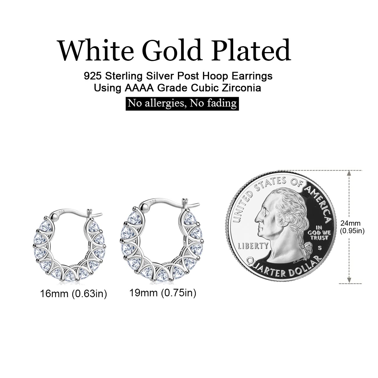 Allencoco Cubic Zirconia Huggie Hoop Earrings - Jewelry For Women, 14K Gold, 925 Sterling Silver Post Hypoallergenic (White Gold CZ Hoop 16mm)