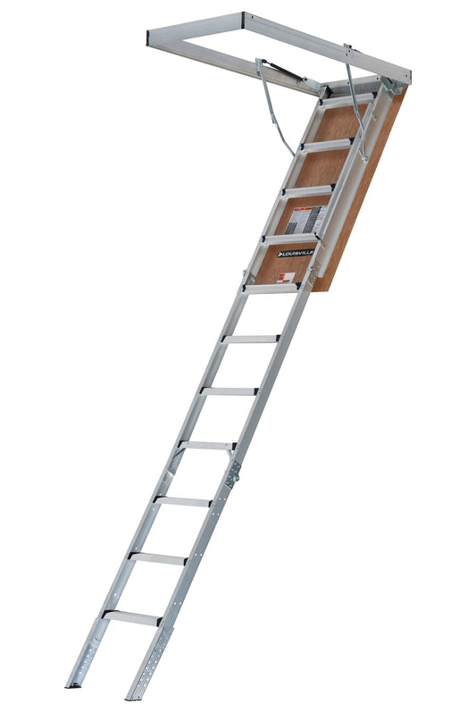 Louisville Ladder 7.8-10.3-Foot Fire Rated Door Aluminium Attic Ladder 25.5" x 54" (Rough Opening), 375-Pound Load Capacity, Type IAA, AL2540MG-FT
