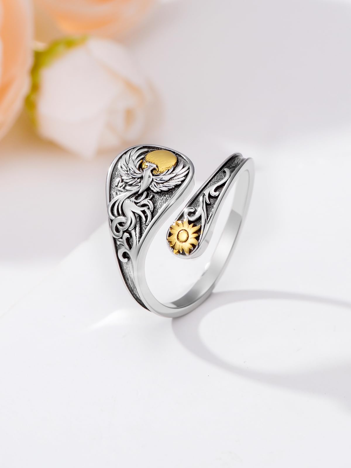 Midari Phoenix Rings 925 Sterling SilverAdjustable Phoenix and Sun Spoon Rings Vintage Finger Open Thumb Rings Jewelry Gifts For Women Christmas Birthday Gifts