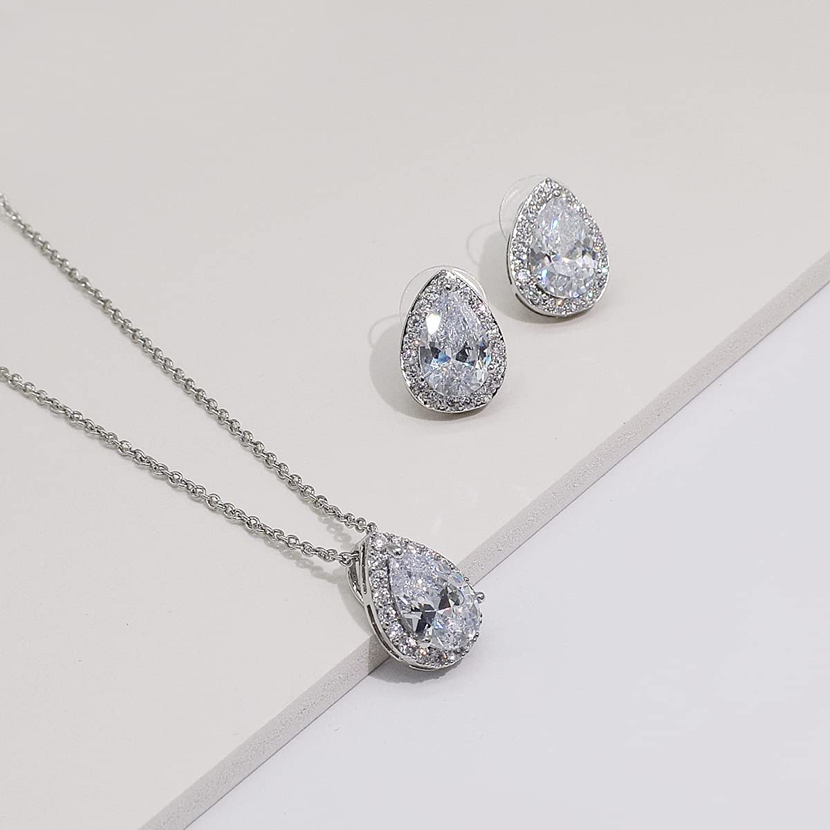 UDYLGOON Teardrop Cubic Zirconia Jewelry Set Necklace Earrings Bracelet Bridal Wedding Jewelry for Women Bridesmaid Prom Party (2 Set - White Gold Plated)