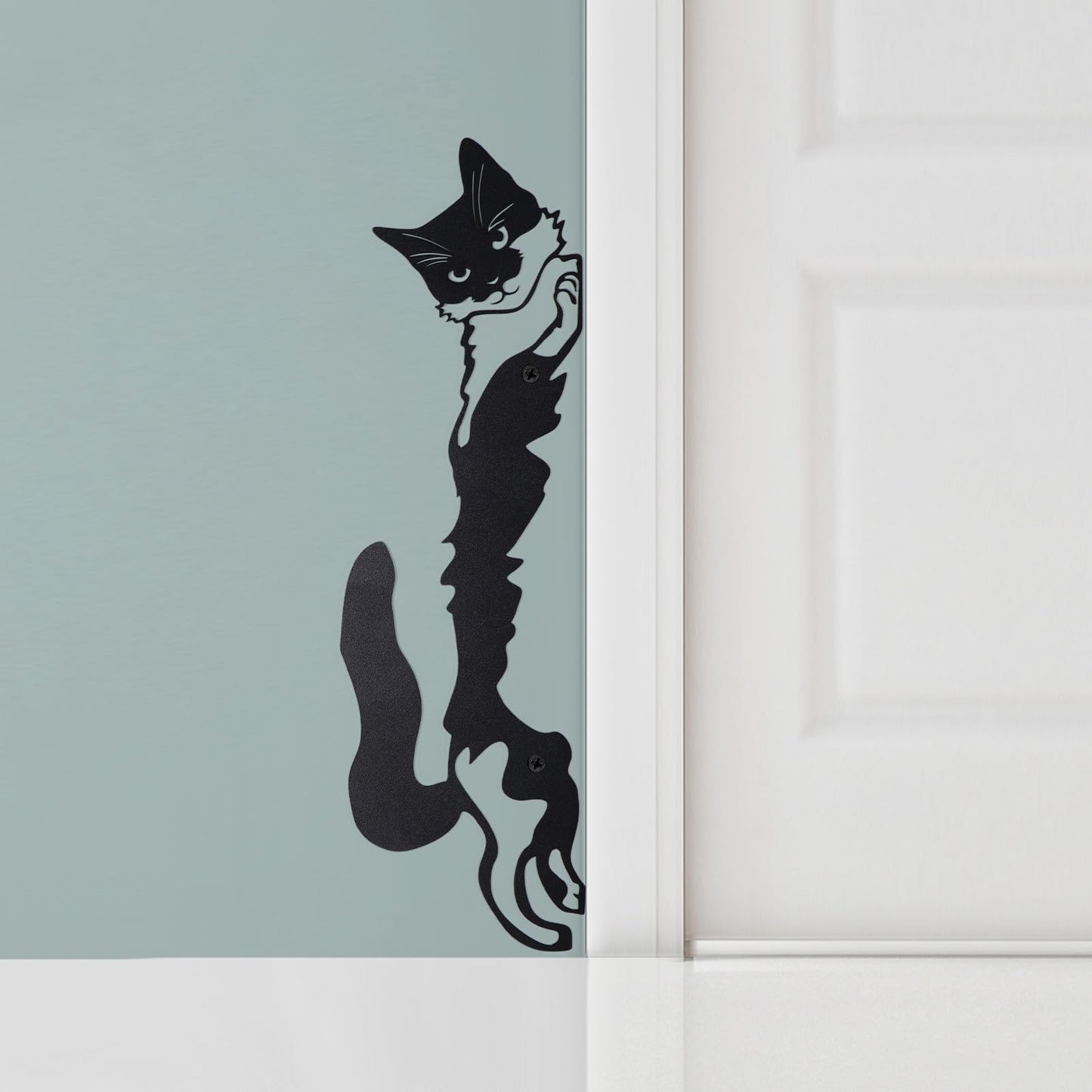 KOLYMAX Black Metal Cat Wall Art Decor, 13.39 x 4.17 Inches, Modern Powder Coated Finish, Wall Mounted Door Topper, Indoor Outdoor Decorative Hanging Sculpture