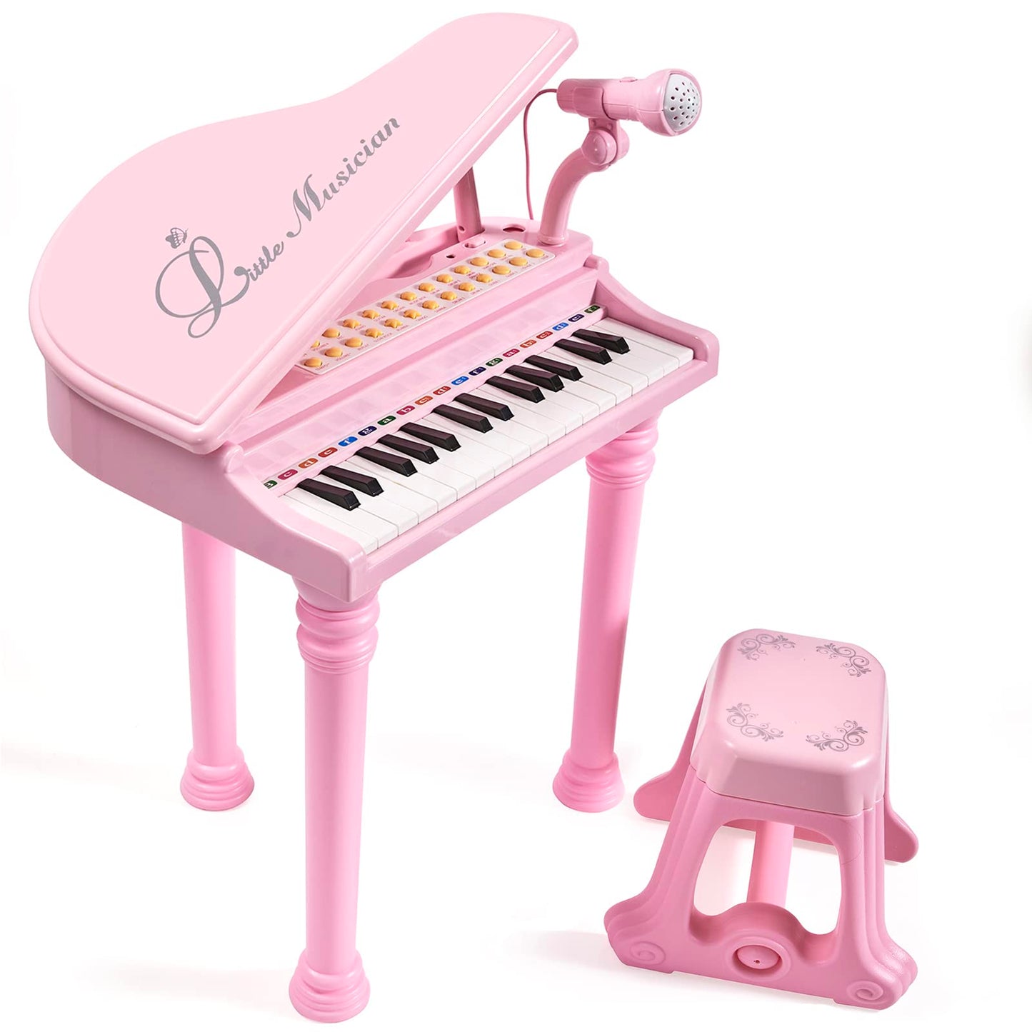 Conomus 31 Keys Piano Keyboard Toy for Kids, Birthday Gift for 1 2 Year Old Girls，Pink Musical Piano Toy for Toddlers with Microphone and Stool