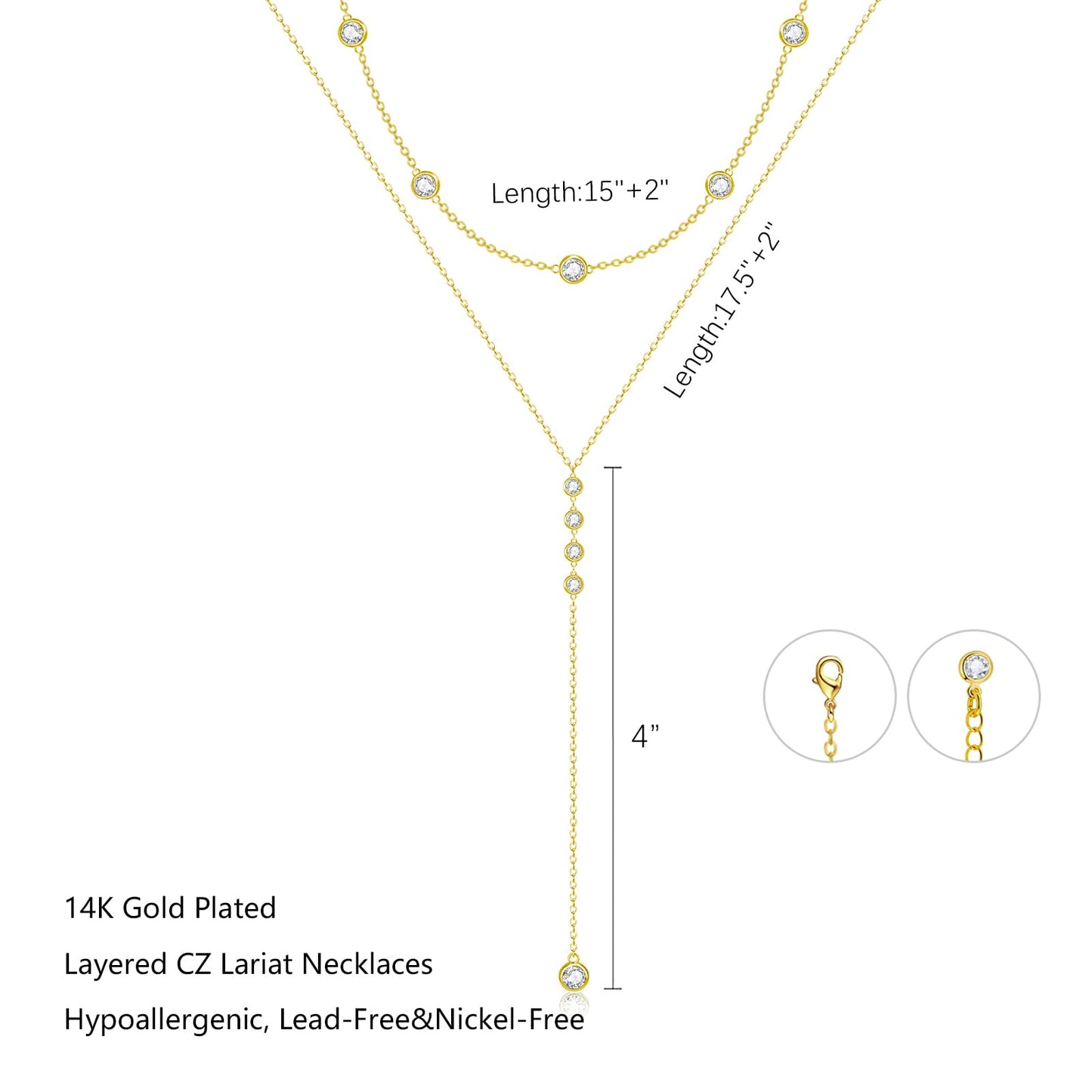 Airmb Lariat Gold Necklace for Women, Dainty Long Necklace 14k Gold Plated Layered CZ Beaded Chain Y-Shaped Body Chain Stack Drop Wedding Necklaces Trendy Simple Jewelry Gifts