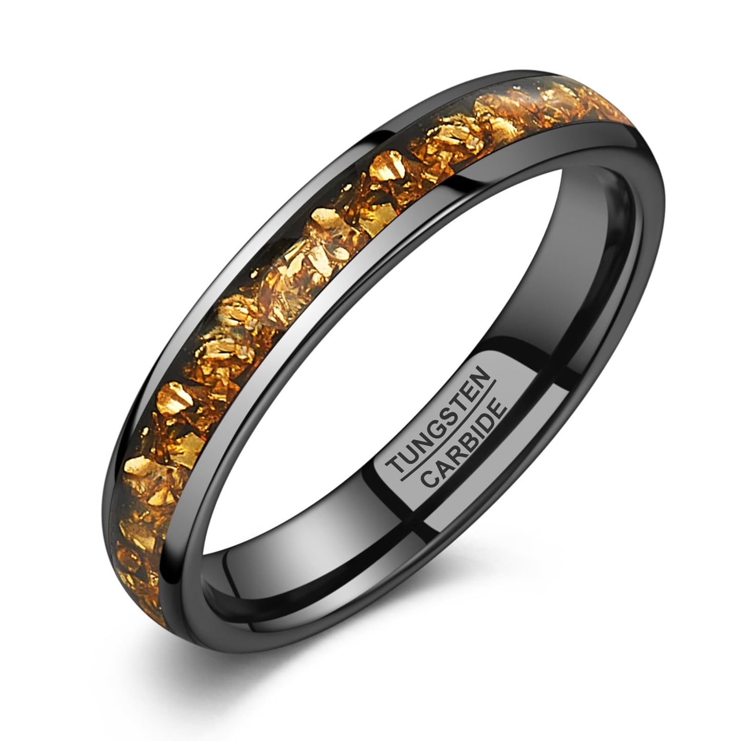 NUNCAD Women's Tungsten Rings 4mm Black Wedding Band Inlaid with Citrine Center Polished Domed Comfort Fit Size 5