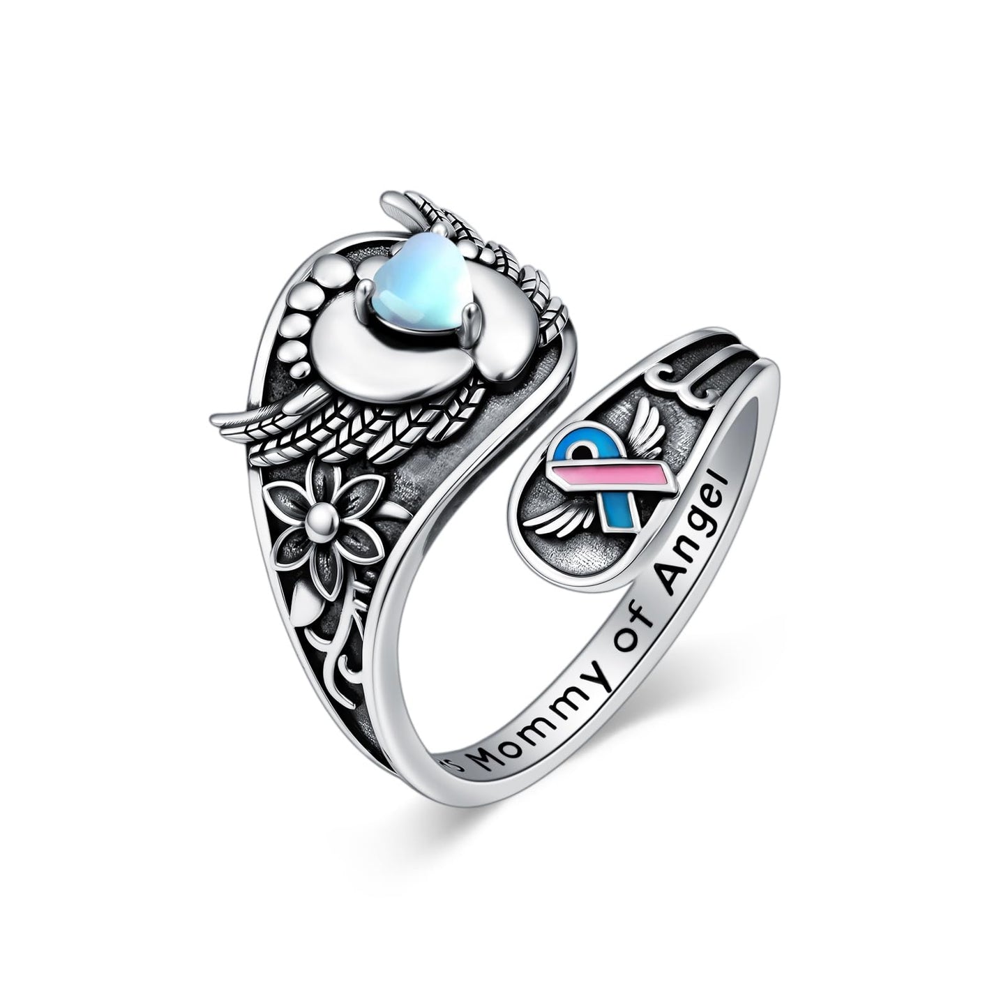 Midari Mommy of an Angel Spoon Rings for Women 925 Sterling Silver Adjustable Heart Footprint Mommy of An Angel Memorial Rings Open Spoon Thumb Rings Mom Jewelry for Women Men Birthday Christmas Gift