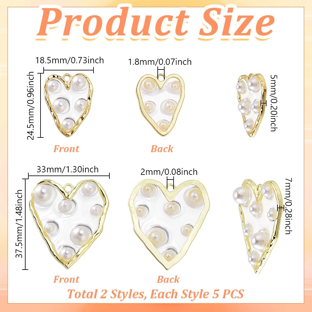 AHANDMAKER 10 Pcs 2 Styles Gold Filled Clear Enamel Heart Pearl Charms Light Gold Edge Plated Pendants Faux Pearl Love Embellishments for Jewellery Making Necklace Bracelet DIY Crafts