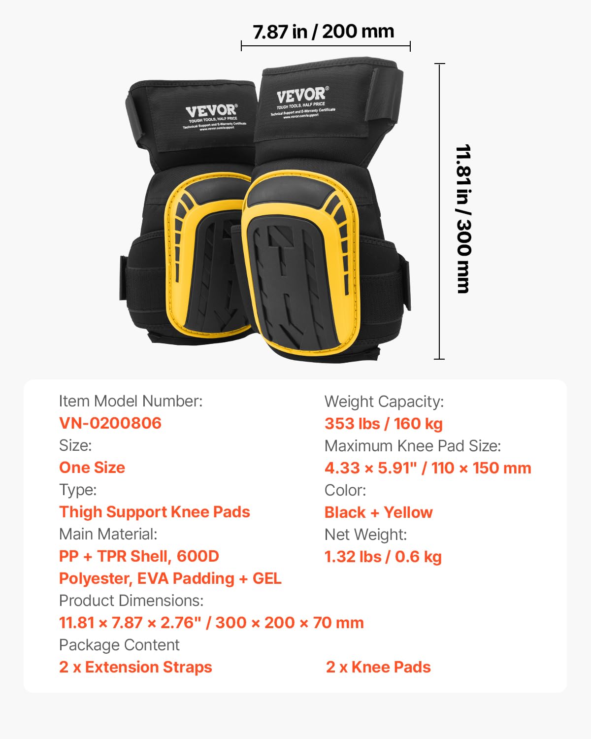 VEVOR Knee Pads for Work, Extended Heavy Duty Construction Knee Pads with 2 Extension Straps, Foam Gel Cushion, Anti-slip for Gardening Flooring Roofing and Cleaning, Men & Women, Yellow and Black