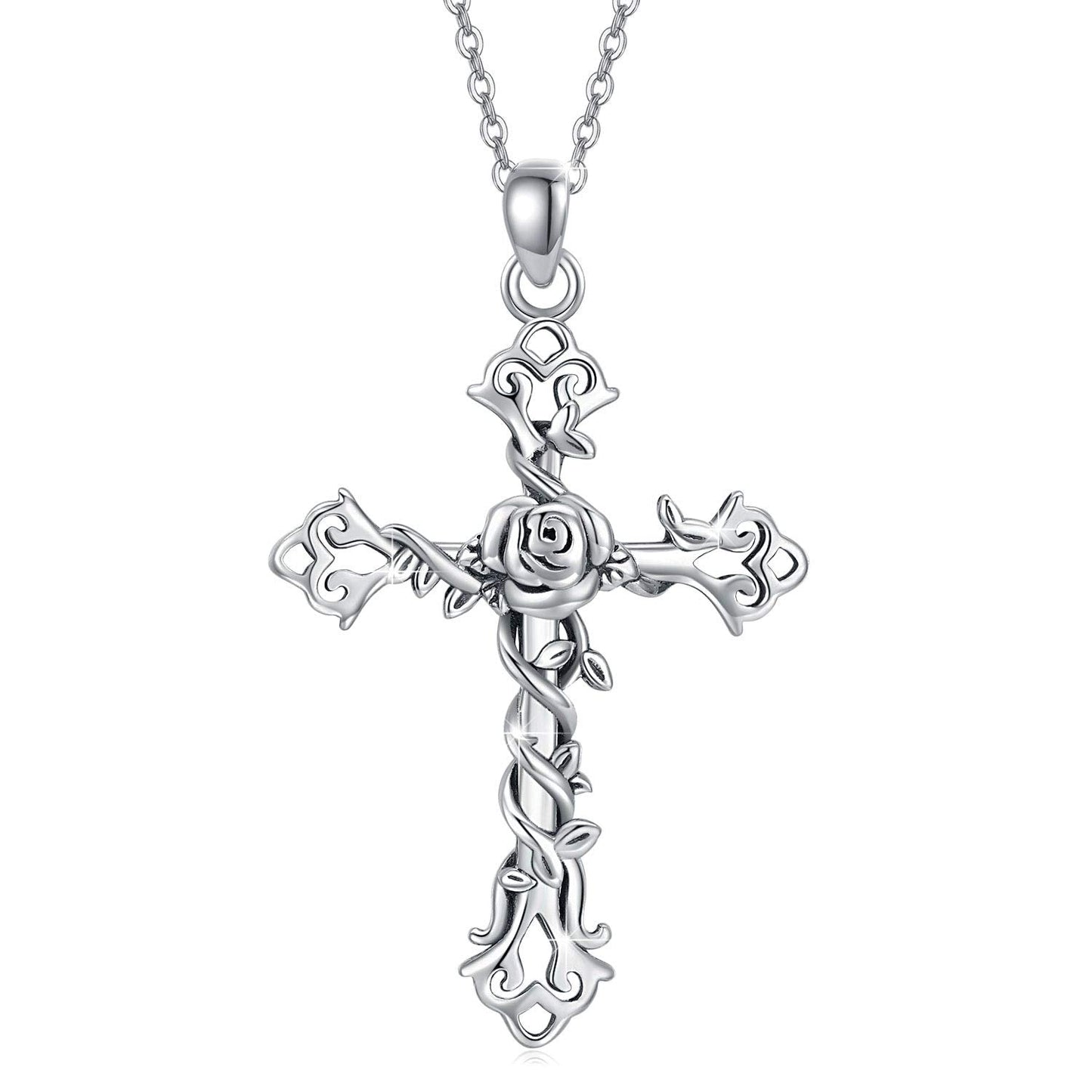 Cross necklace 925 Sterling Silver Rose Crose Pendant Necklace Cross Necklace for Women (A-Rose Cross Necklace) (Rose Cross Neckalce 1)