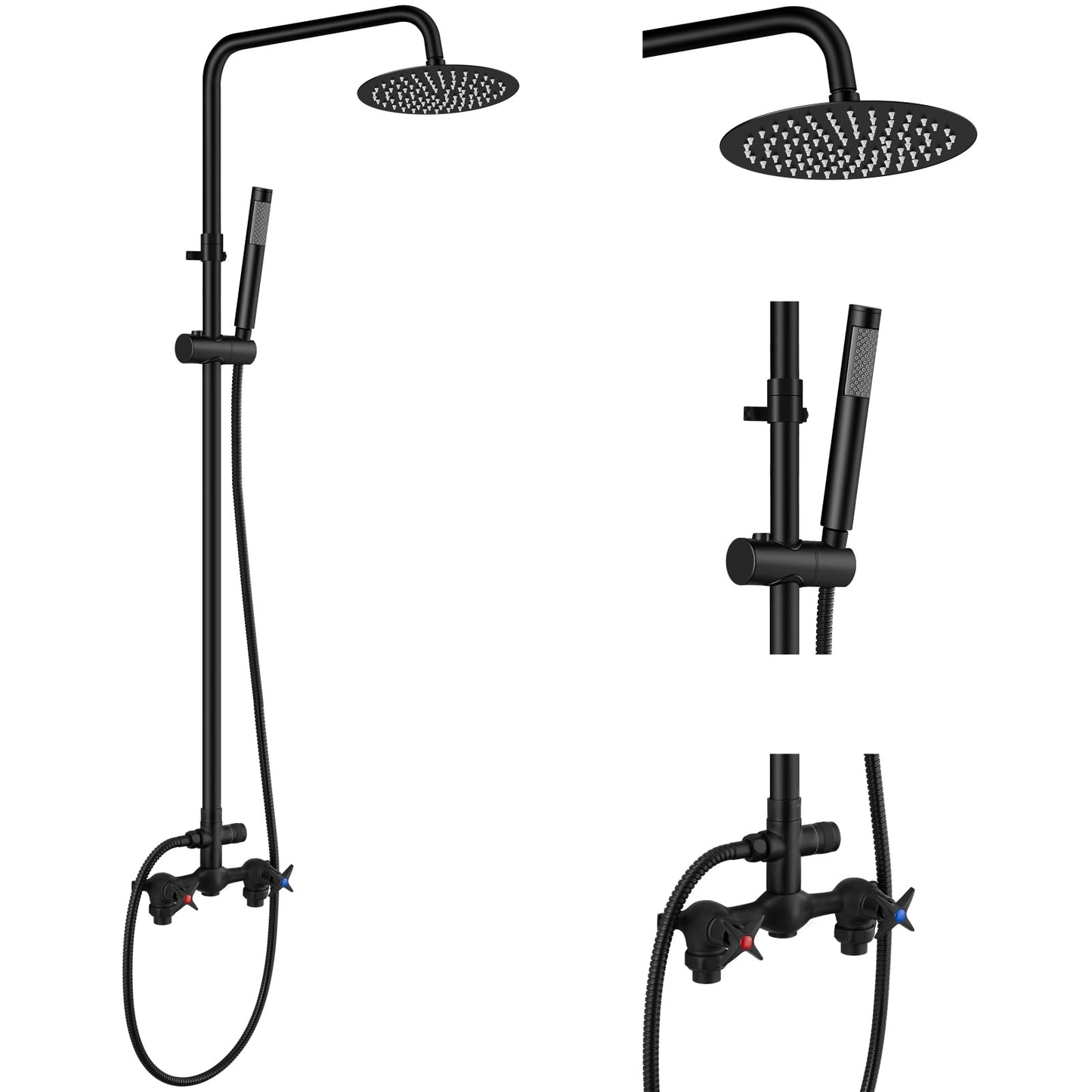 Aolemi Outdoor Shower Kit Outdoor Shower Fixtures Faucet System 2 Handle with 8 Inch Rainfall Shower Head and Handheld Sprayer Exposed Shower with Adjustable Height Shower Pipe Matte Black