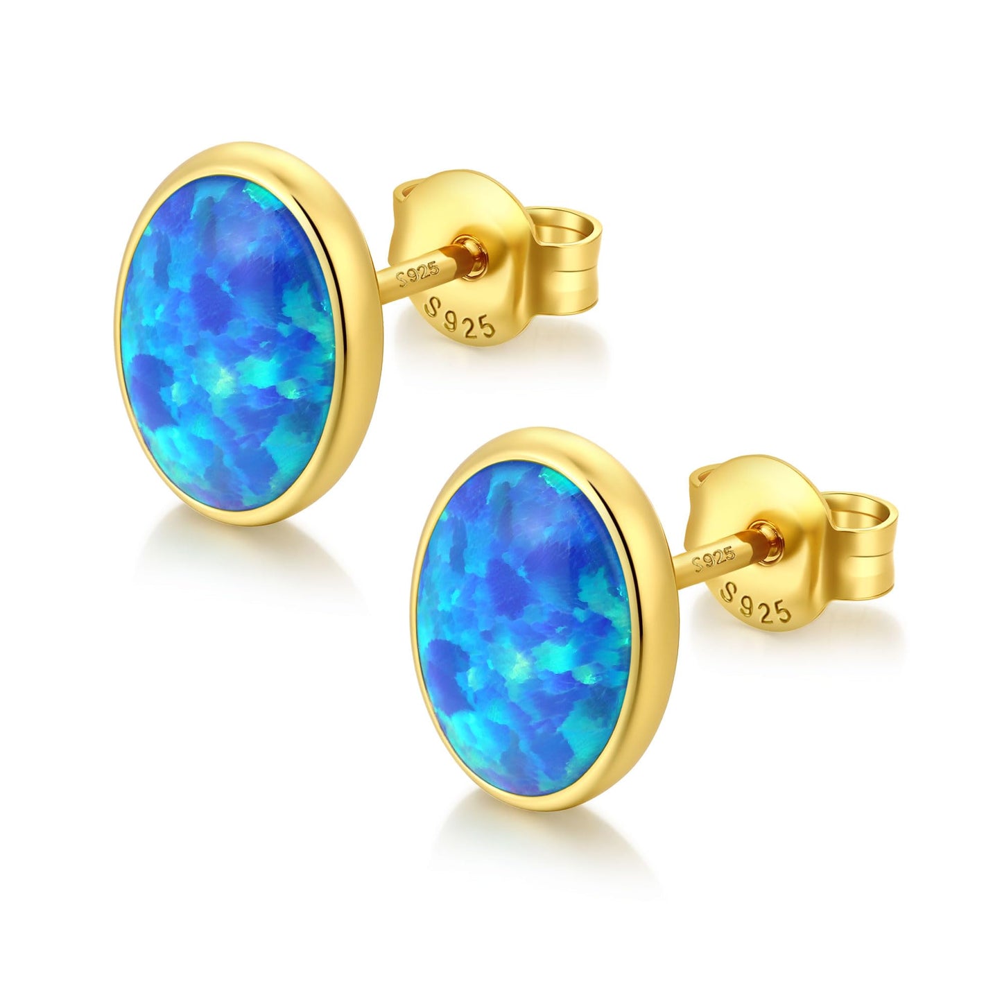 JiayangJY Silver Blue Fire Opal Stud Earrings for Women 18K Yellow Gold Plated Sterling Silver Oval Shape 5mm Opal Earrings with Push Back