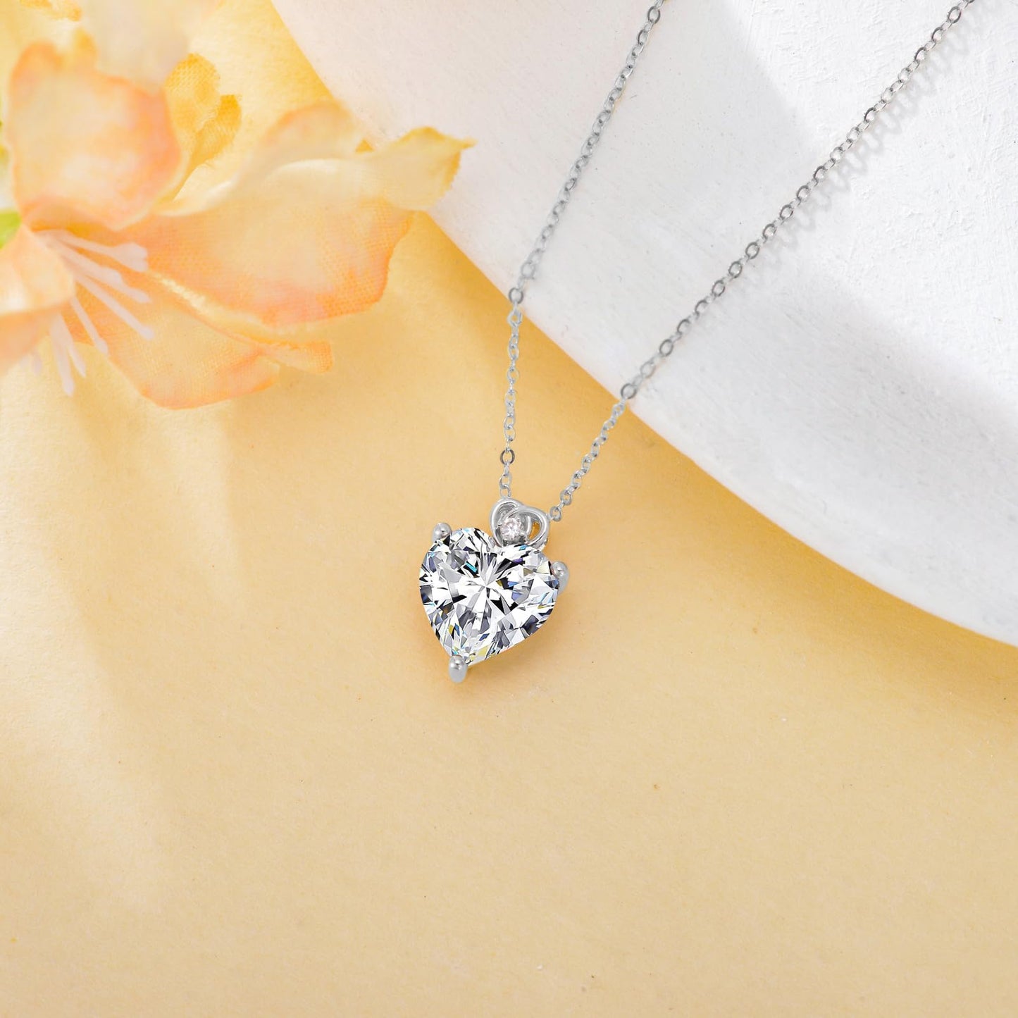 NFYBD 14k White Gold Love Heart Simulated diamonds Birthstone Pendant Necklace for Women 3 Carat Heart-cut Created Gemstone Anniversary Birthday Mother's Day Necklaces for Her-April