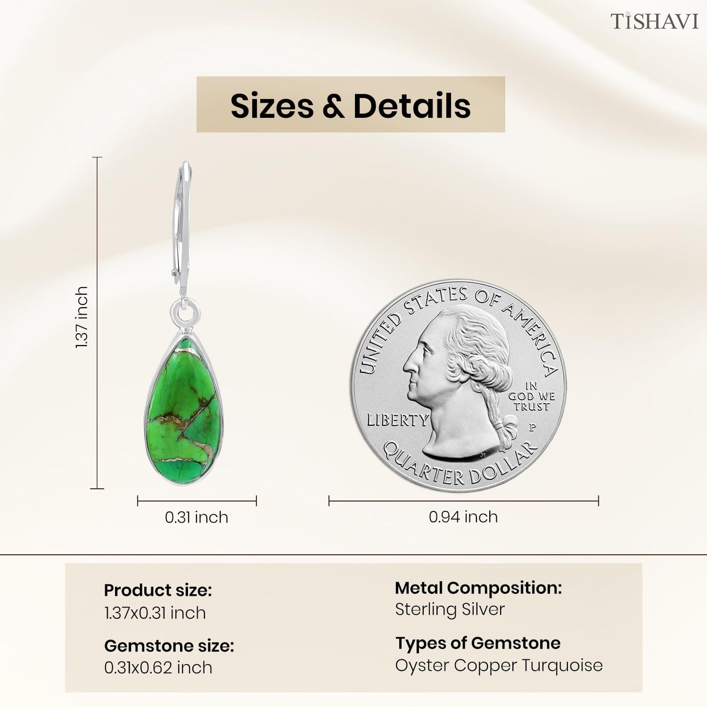 Tishavi Natural 9.35Cts Sterling Silver Green Copper Turquoise Earrings For Women, Green Stone Sterling Silver 925 December Birthstone Earrings Jewelry Gift For Mom Wife Sister