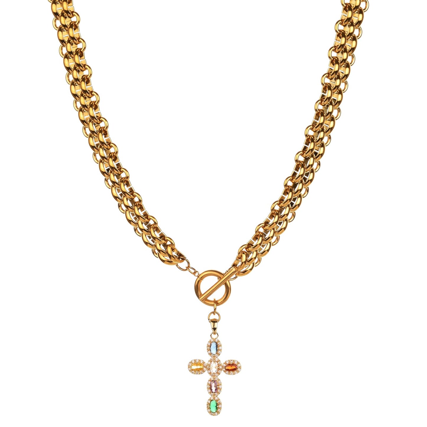 jomjeu Cross Necklace for Women 18K Gold Plated Stainless Steel Chain Pendant Necklace Classic Trendy Toggle Chunky Gold Necklaces Jewelry Gifts for Women