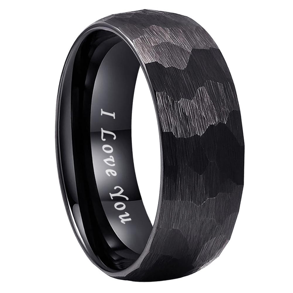 TUTISS 8mm Black Hammered Tungsten Carbide Rings for Men Women Engagement Wedding Bands Domed I Love You Engraved Comfort Fit Size 6