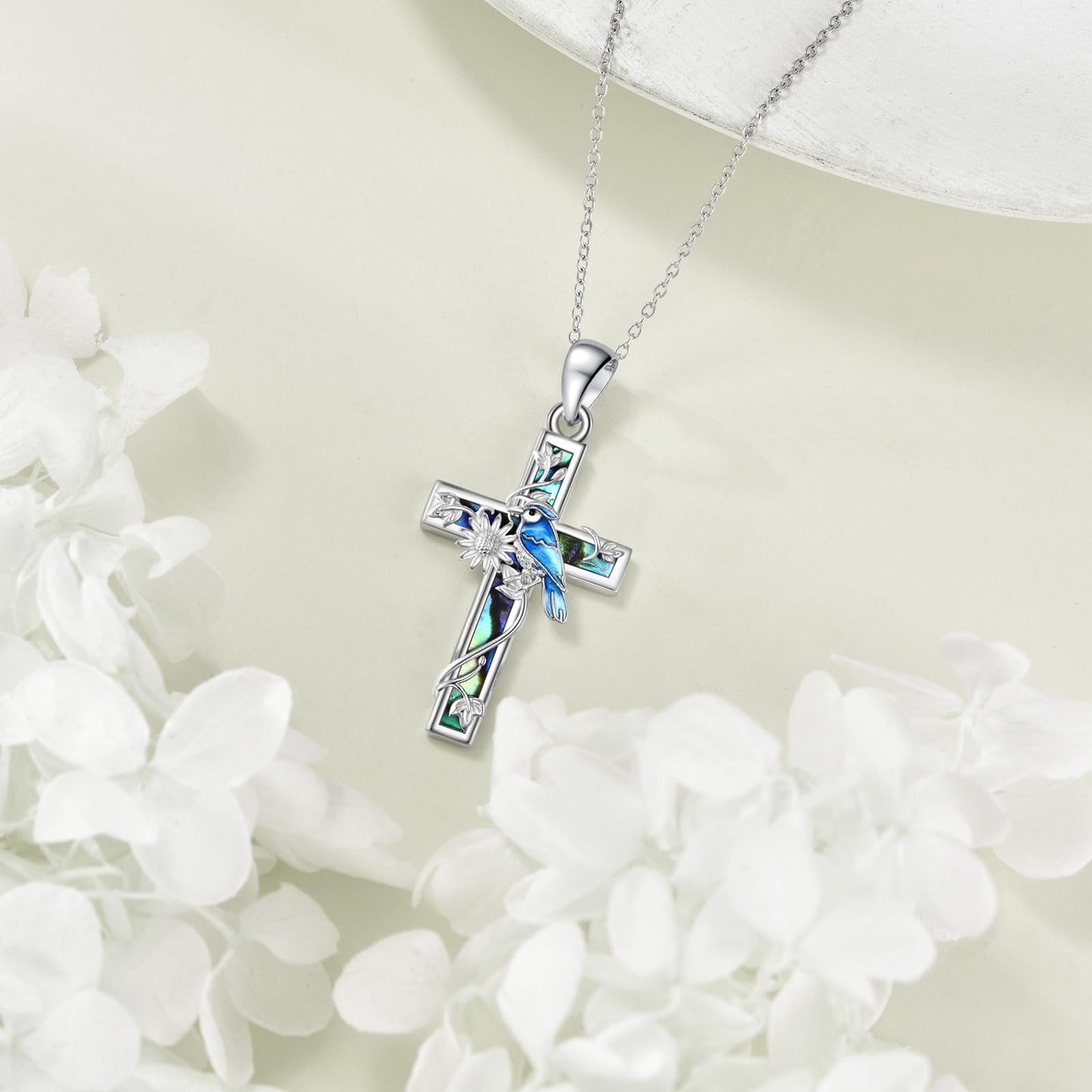 YFN Sunflower Cross Necklace Sterling Silver Blue Jay Cross Pendant Abalone Shell Jewelry Religious Christian Baptism Gifts for Her Women