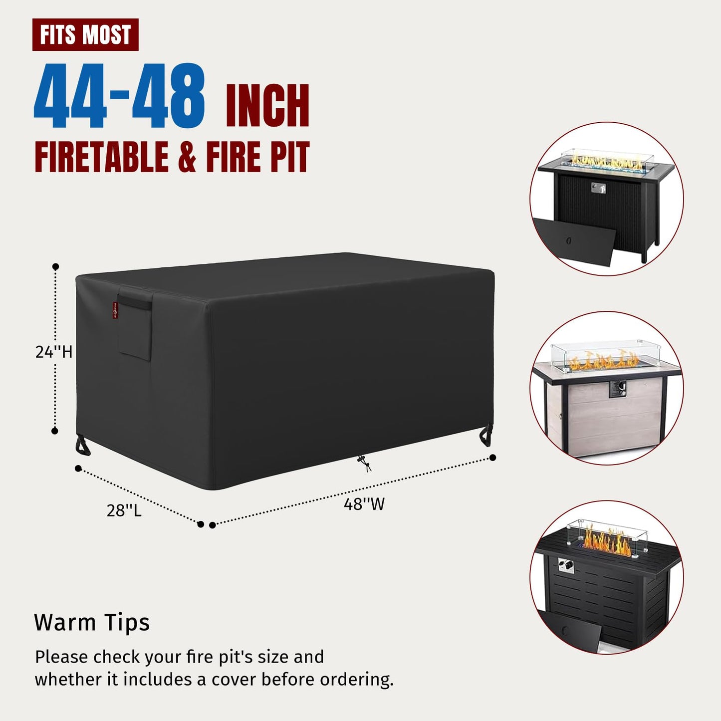 SHINESTAR Fire Pit Cover Rectangular for 44-48 Inch Fire Pit Table，Heavy-Duty Ripstop & Waterproof, with Windproof Drawstring and Buckles, 48 x 28 x 24 Inches