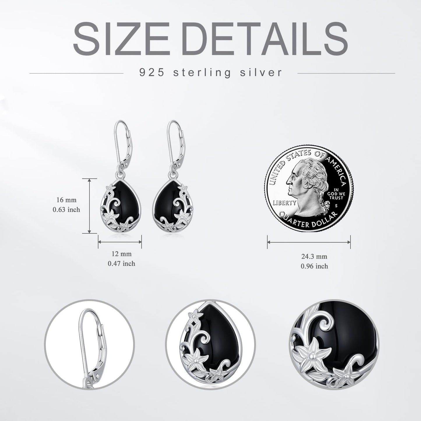 Black Onyx Earrings for Women 925 Sterling Silver Filigree Black Onyx Dangle Drop Earrings Teardrop Leverback Jewelry Mothers Day Gifts for Mom Girlfriend Wife