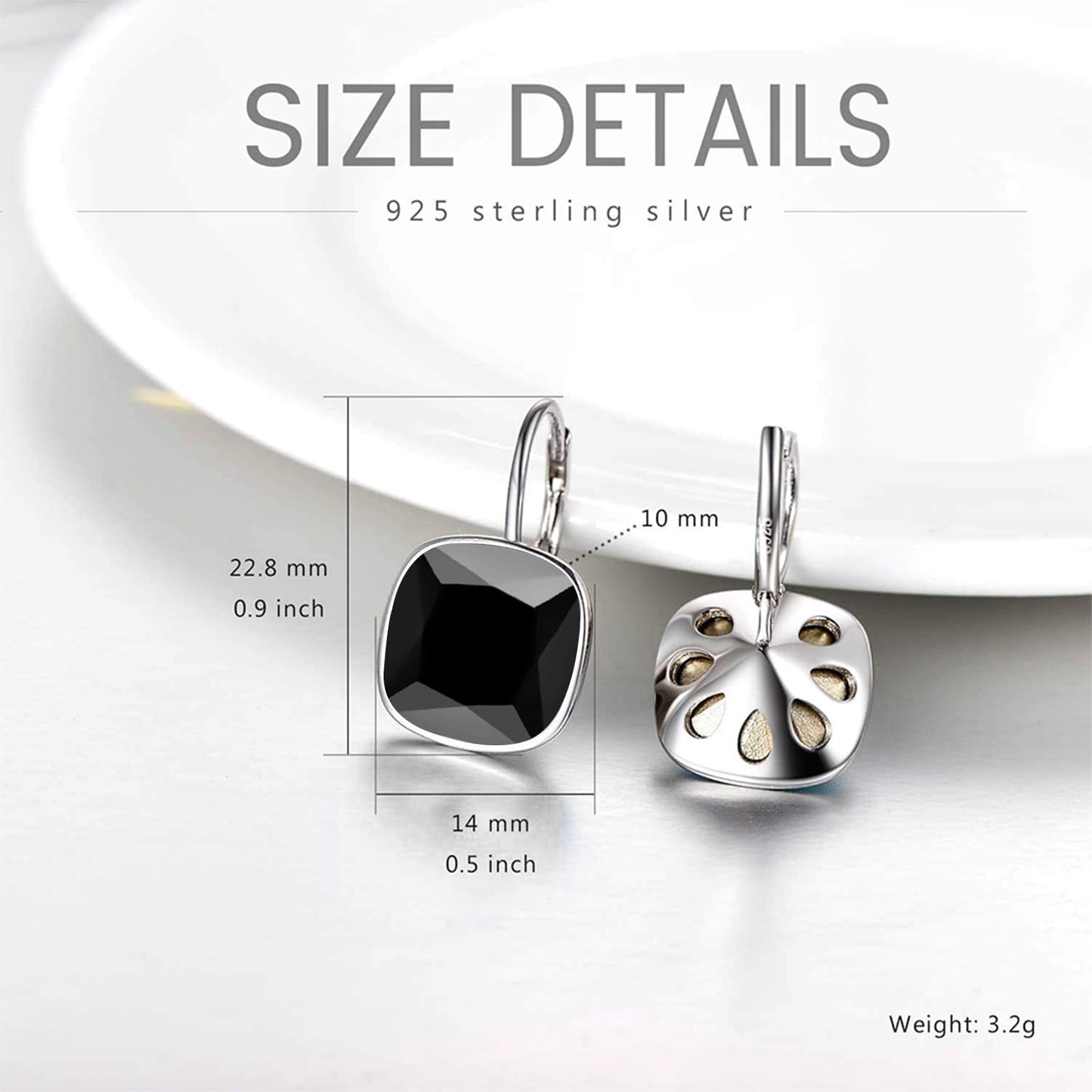 AOBOCO Sterling Silver Leverback Earrings Embellished with Crystals from Austria, Hypoallergenic Cushion Cut Square Crystal Earrings, Fine Anniversary Birthday Jewelry Gifts for Women (Black)