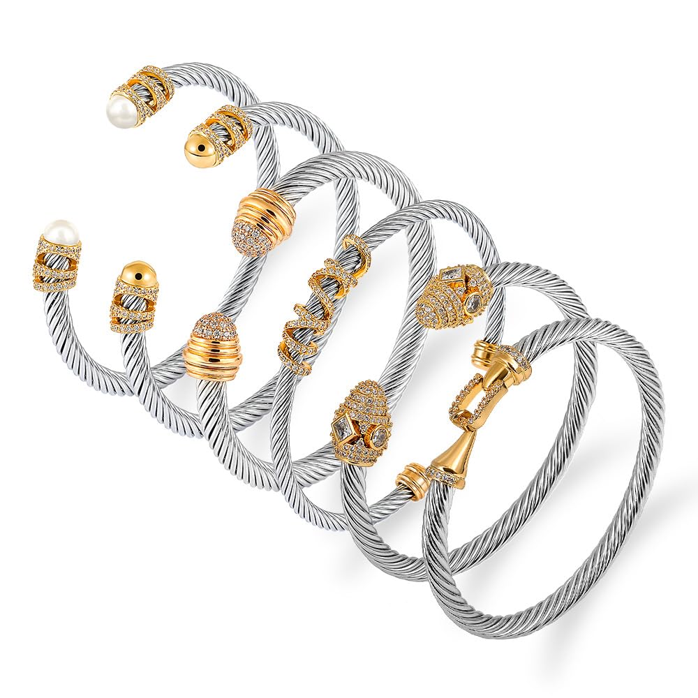 WCB1FPu Stainless Steel Cable Wire Open Cuff Adjustable Size Bangle Zircon inlaid Bracelet (1)