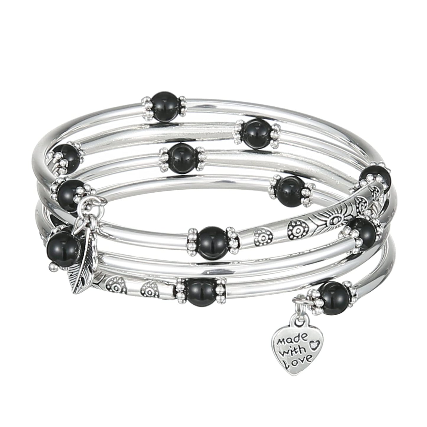 FULU AUTUMN Beaded Bangle Bracelets for Women Silver Wrap Bangles Bracelet Womens Costume Jewelry Fashion Gift(Pearl black)