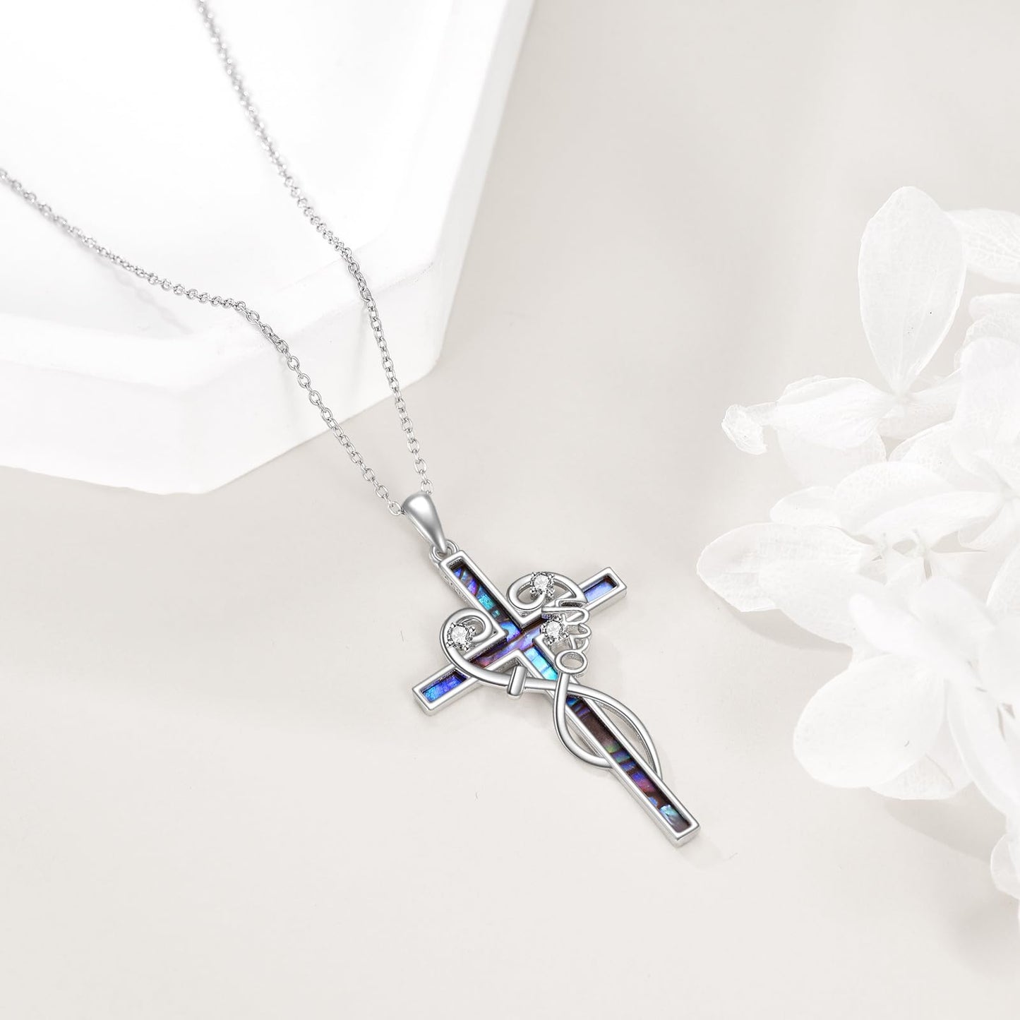 LUHE Faith Cross Necklace for Women Sterling Silver Faith Cross Pendant Necklace with Abalone Christian Jewelry Gift for Her
