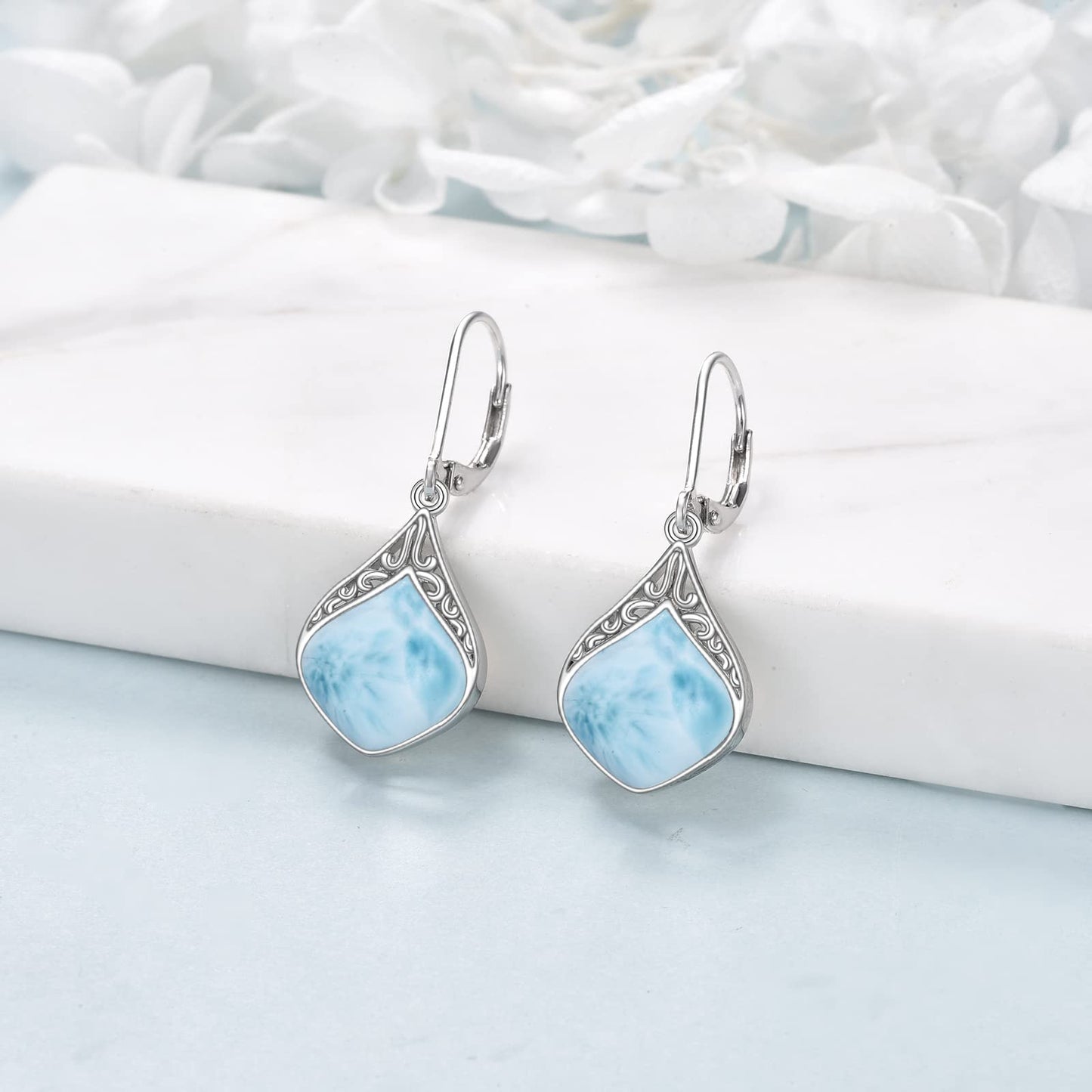 Larimar Jewelry Earrings Sterling Silver Filigree Irish Celtic Teardrop Natural Gemstone Drop Earrings Jewelry Gifts For Women