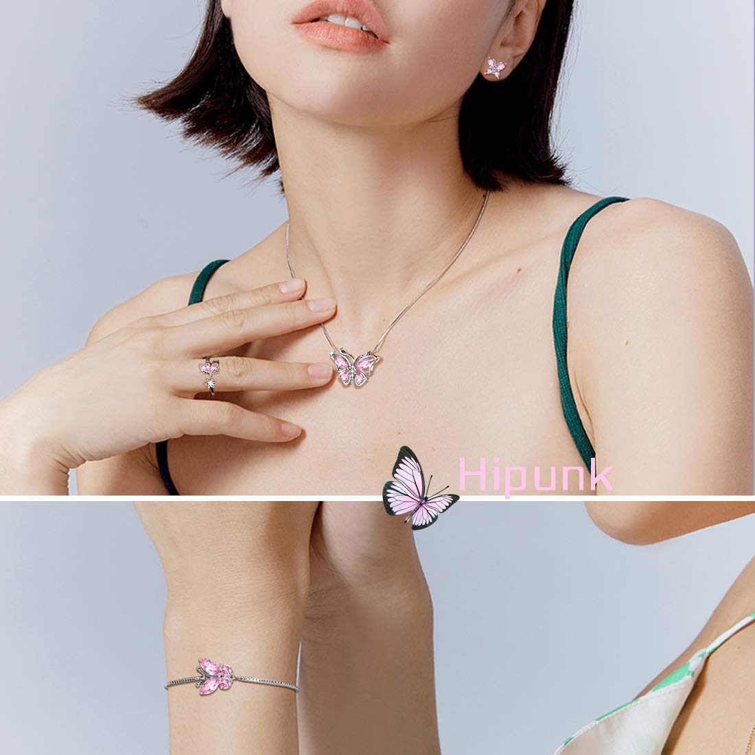 Hipunk Butterfly Pink Jewelry Sets Birthstone Women 925 Sterling Silver October-Tourmaline Birth Stone Animal Butterflies Jewelry Sets/Earring/Ring/Bracelet Set Crystal Birthday Jewelry SS0003O
