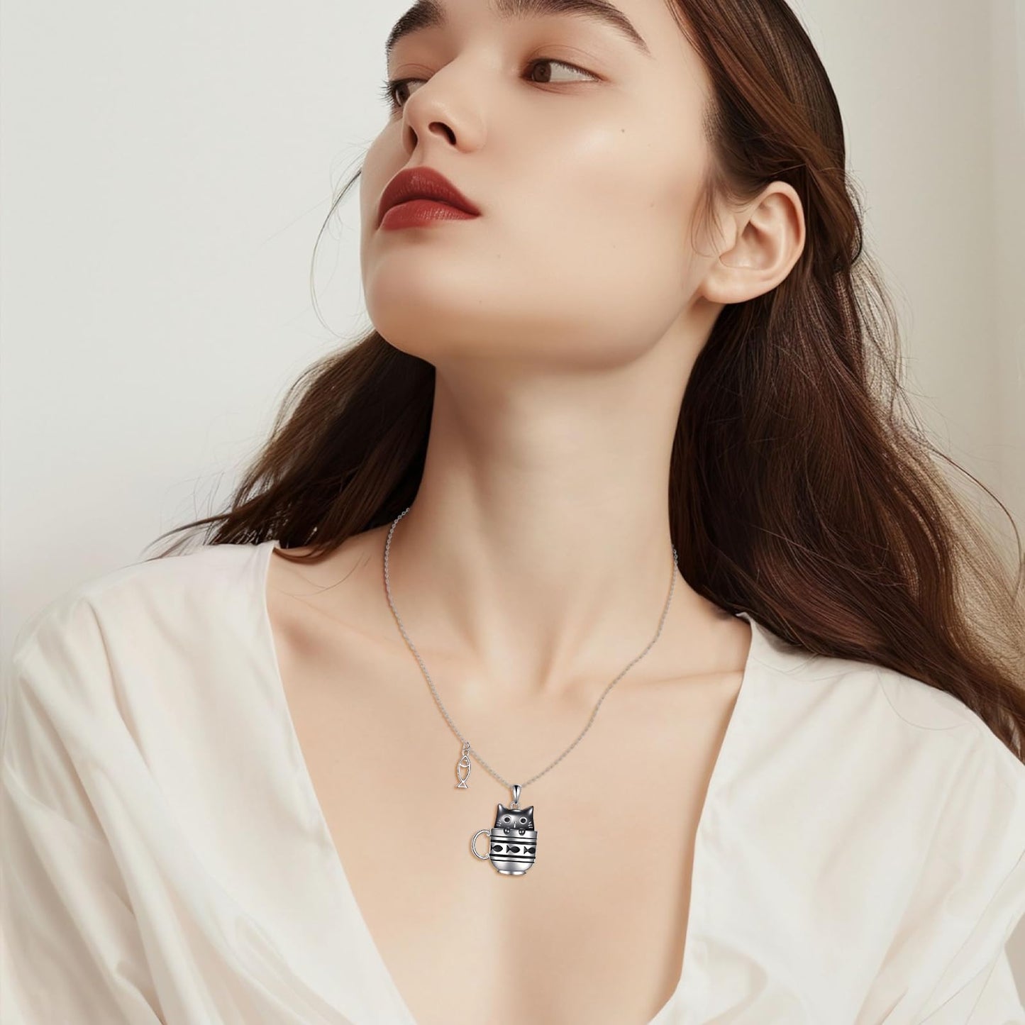 YAFEINI Black Cat Necklace S925 Sterling Silver Cup Cat Pendant Necklaces with Fish Cats Jewelry Gifts for Women Mom Wife Friends