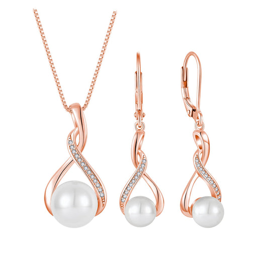 Inpasne 18K Rose Gold Plated Freshwater Pearl Necklace and Earrings Set for Women 925 Sterling Silver Pearl Jewelry for Bride Bridesmaid