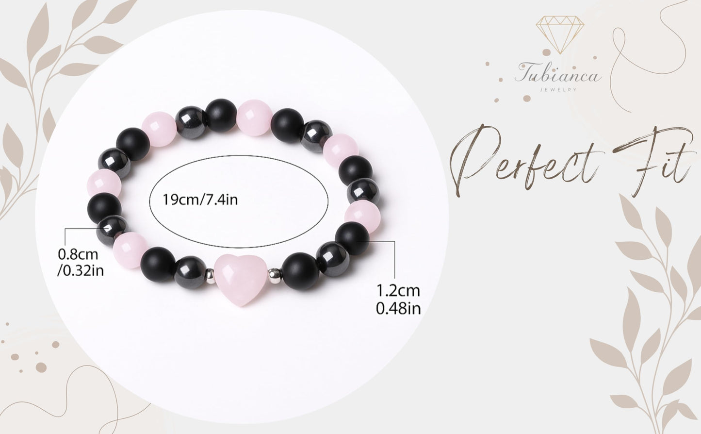 TUBIANCA Rose Quartz Bracelet – Heart Crystal with Hematite & Onyx for Love, Healing & Emotional Balance – Handmade Stretch Bracelet for Women & Men – Spiritual Gift for Inner Peace