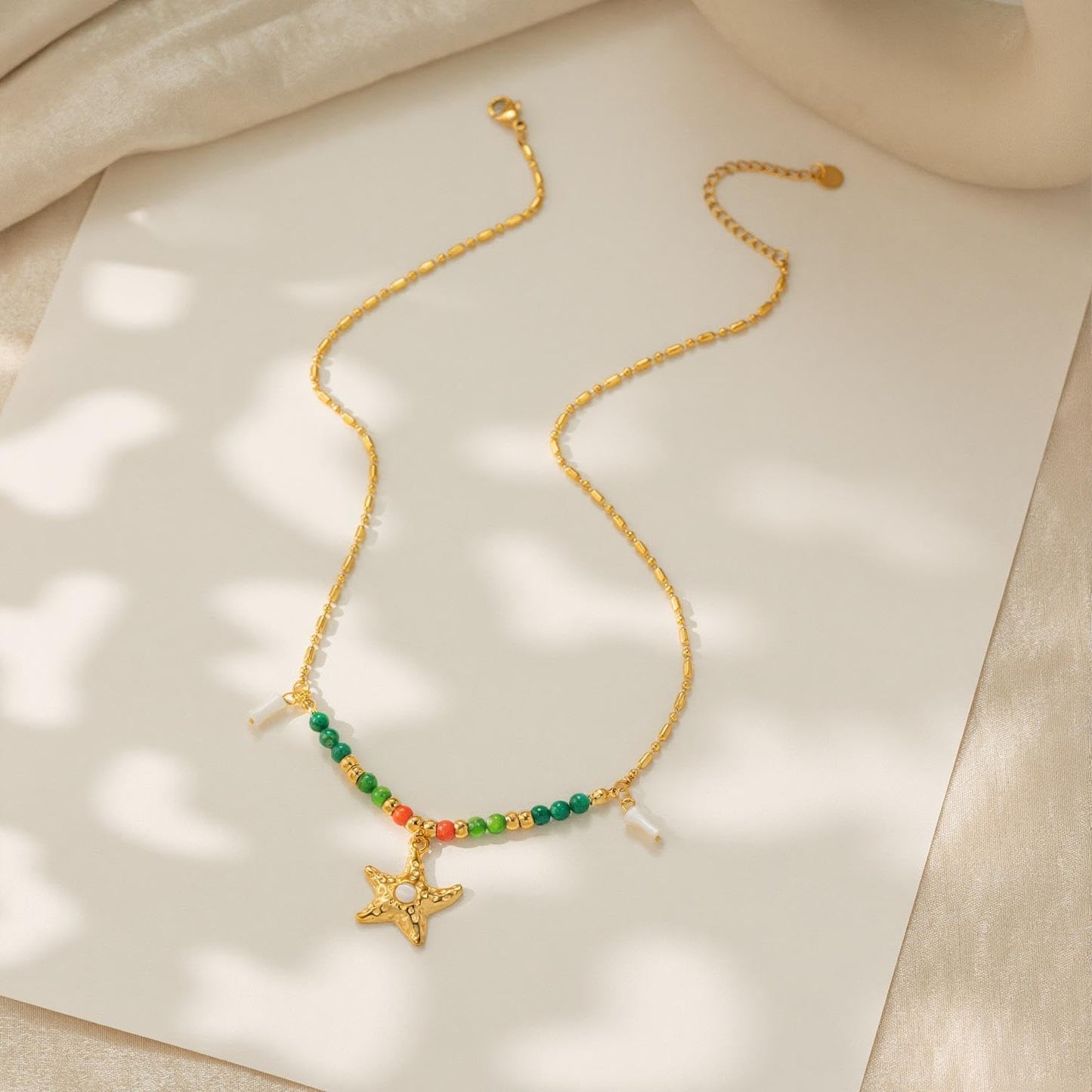 WASAIE Unique Starfish Green Red Bead Charm Necklace for Women, Adjustable Gold Plated Stainless Steel, Beach Surf Vacation Summer Travel Jewelry Colorful Choker