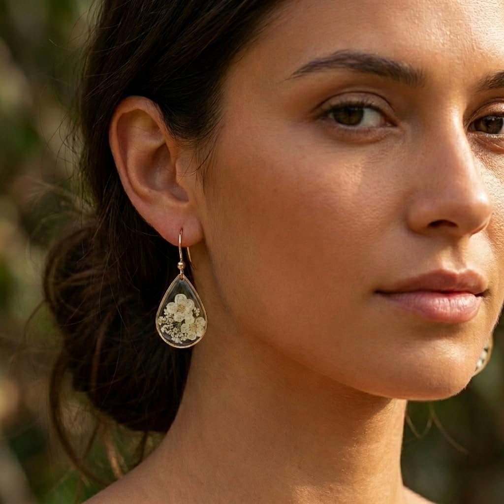 Jean Beau Handmade Pressed Flower Earrings for Women, Unique Resin White Dried Flowers Gold Plated Teardrop Dangle Drop Nature Floral Earings Fashion Summer Jewelry Gift