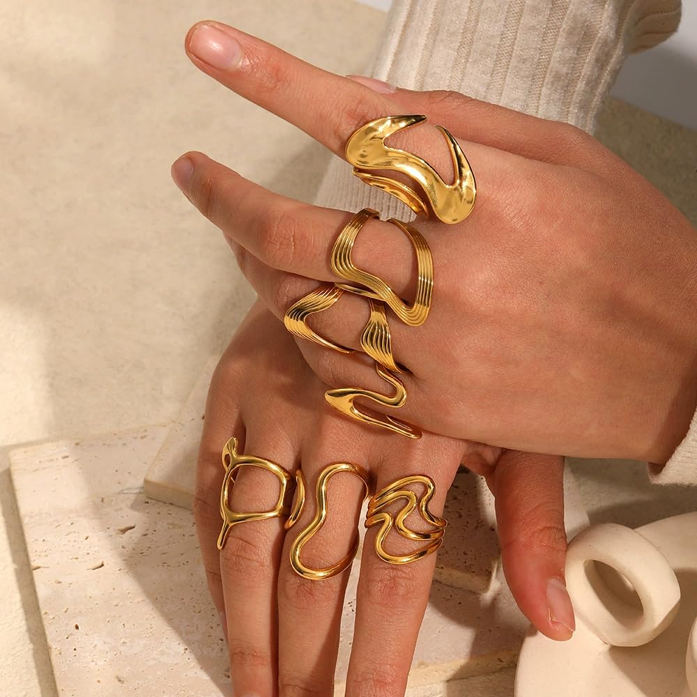 AIETUE Chunky Rings For Women, Gold Silver Thumb Ring Asymmetrical Wavy Curve Ring Adjustable Non Tarnish Dainty Stainless Steel New Year Anniversary Birthday Jewelry Gift (Trendy Gold #4)