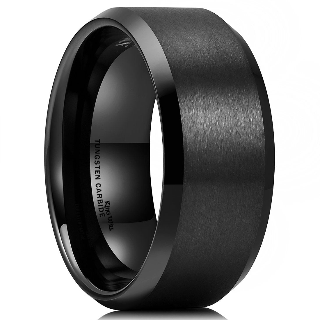 King Will 10mm Men's Black Wedding Ring - Brushed Matte Surface, Beveled Polished Edge, Comfort Fit Size 13
