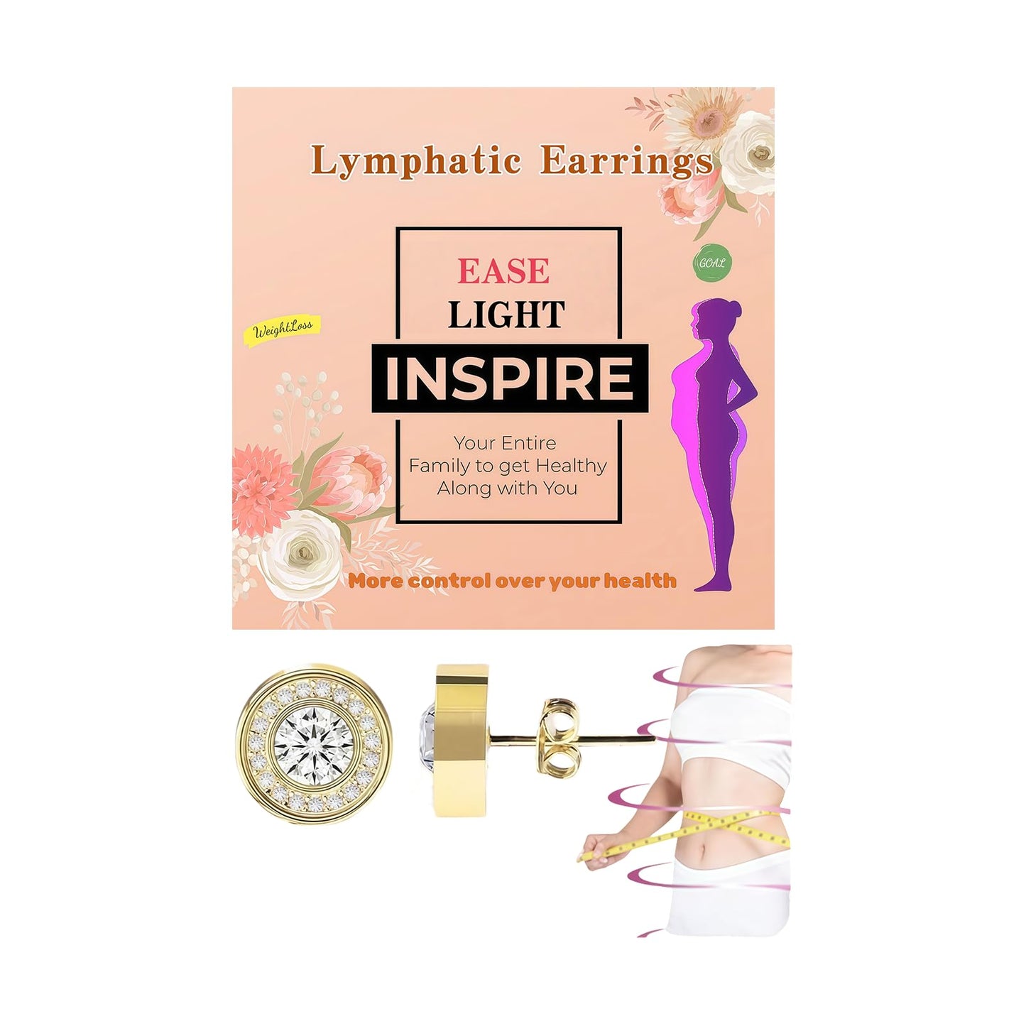 Halolux Lymphatic Earrings For Women, 18 K Gold Plated Honorable Joy Inspire Stainless Steel Hypoallergenic Germanium Acupuncture Lymph Detox Menopause Jewelry Gift Card (Gold Round)