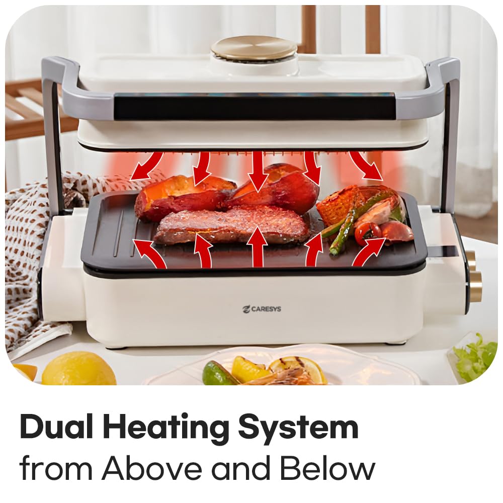 CARESYS Smokeless Double Care Grill, Electric Indoor Tabletop Grill, Dual Heating, Fast Grilling, Portable, Nonstick, Adjustable Temperature, Ideal for K-BBQ