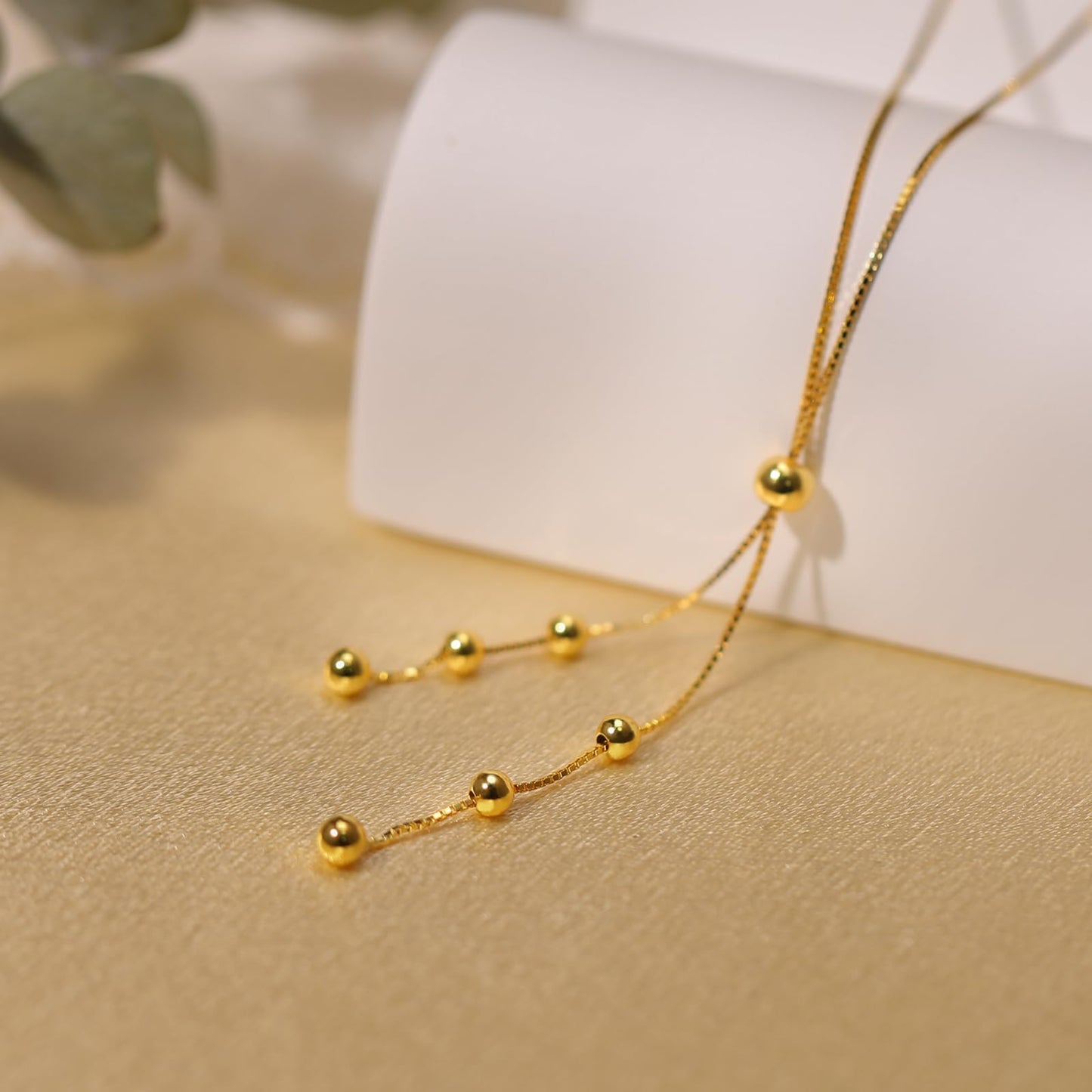 UTISUVIKO Lariat Gold Necklace for Women S925 Sterling Silver Dainty Layered Bead Necklaces 14k Gold Adjustable Y-Shaped Tassel Round Beaded Pendant Long Chain Necklace for Wedding Mother's Day Jewelry(Gold)