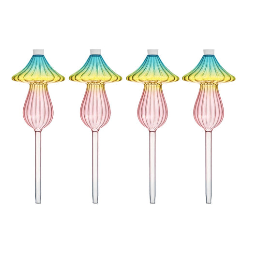 4 PCS Glass Plant Watering Globes Mushroom, Watering Bulbs for Indoor Plants, Rainbow Gradient Color Glass Mushroom Watering Bulbs, for Vacation Plant Care.