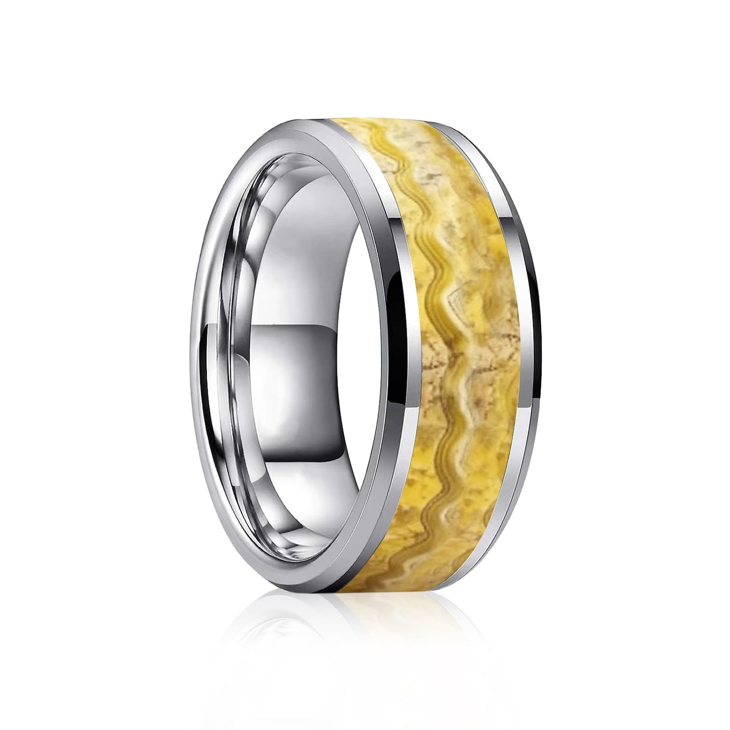 HJIMMNHONG New Carbon Fiber Fashion Rings Double Beveled Edge Delicate Polished Simple Stainless Steel Mens and Women Rings,8mm,Size Available (Flowing-sand Gold, 9)