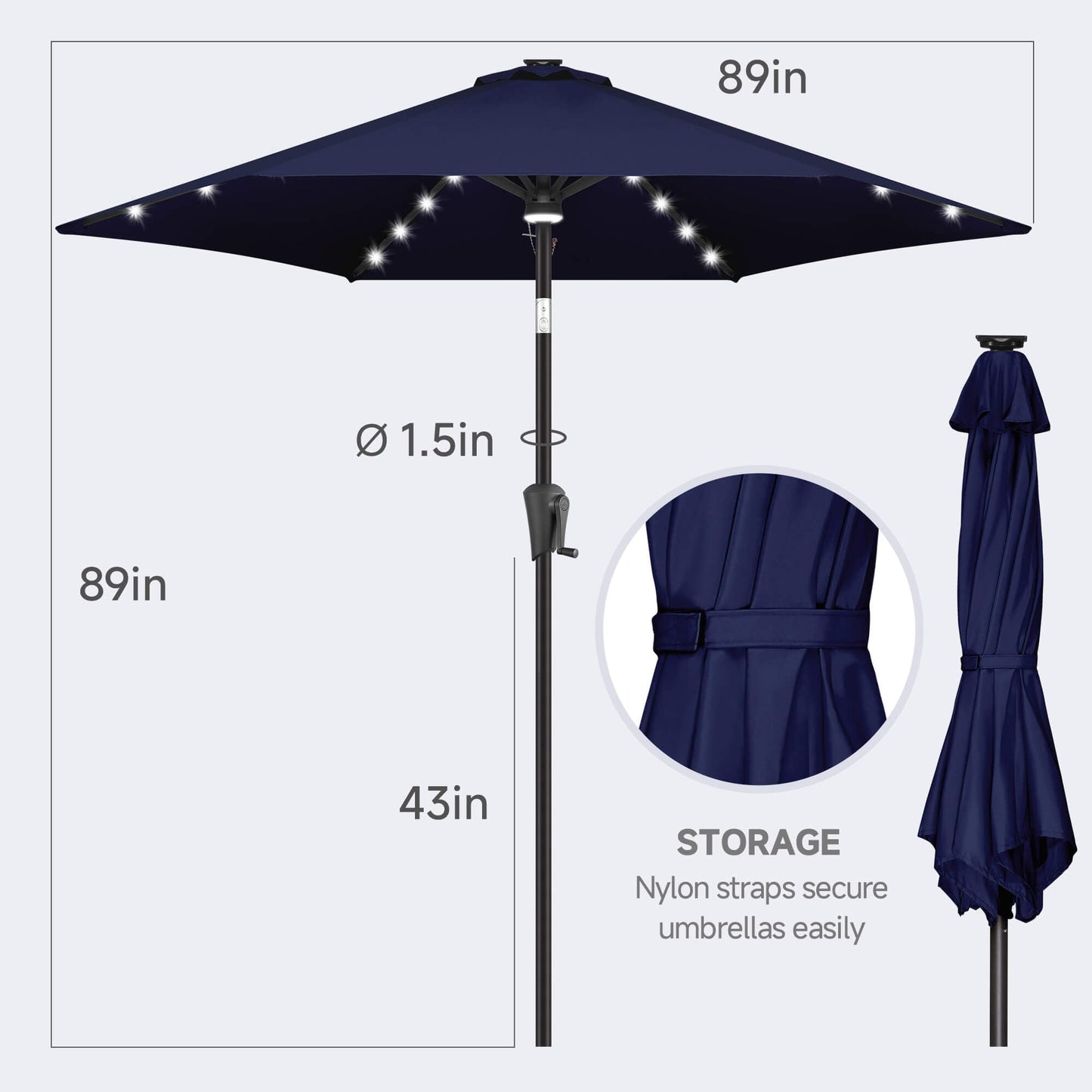 FLAME&SHADE 7.5 FT Solar Light Patio Umbrella, 24 LED Lights Outdoor Umbrella with Centre Surround Light, Table Umbrella Outdoor Patio for Deck, Pool, Backyard, Garden, UV Protection (Navy Blue)