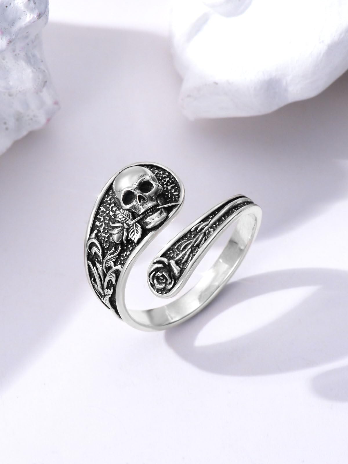 Midari Skull Rose Spoon Rings for Women Sterling Silver Skull Ring Adjustable Punk Skull Rings Skull Rings Open Antique Spoon Rings Jewelry for Women Hallowee Birthday Christmas Gifts(Customization)