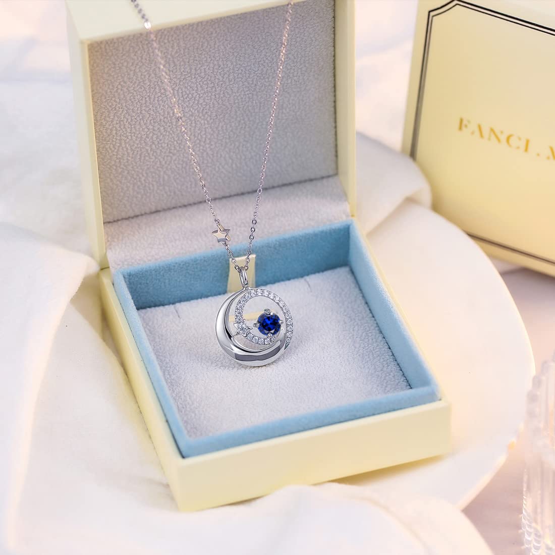 FANCIME Moon Star Necklaces September Birthstone Blue Sapphire Pendant Jewelry 925 Sterling Silver Birthday Anniversary Mothers Day Gifts for Women Mom Daughter, Adjustable Chain 16"+2"